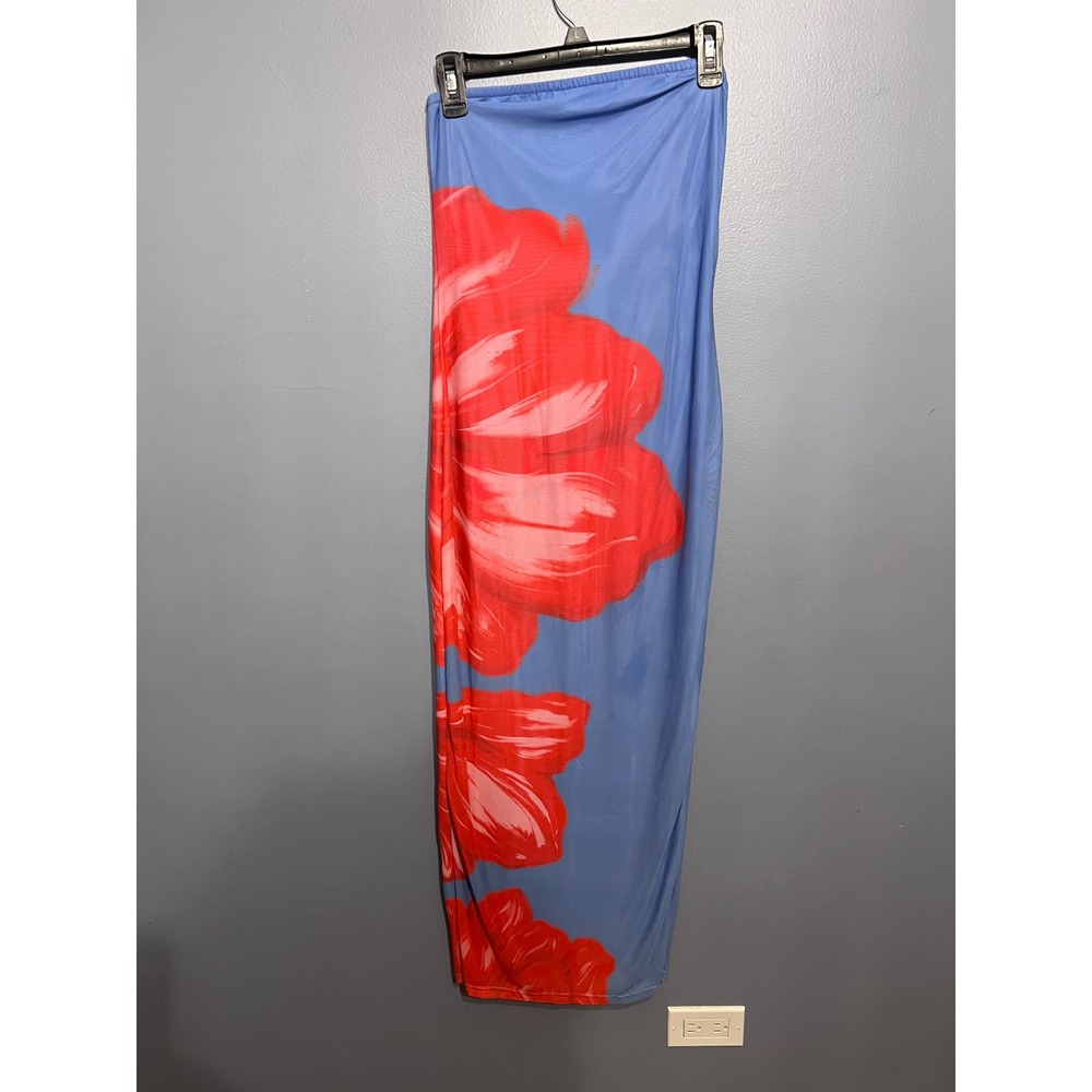 PrettyGarden Strapless Bodycon Maxi Dress Blue‎ And Red Flowers Summer Size M